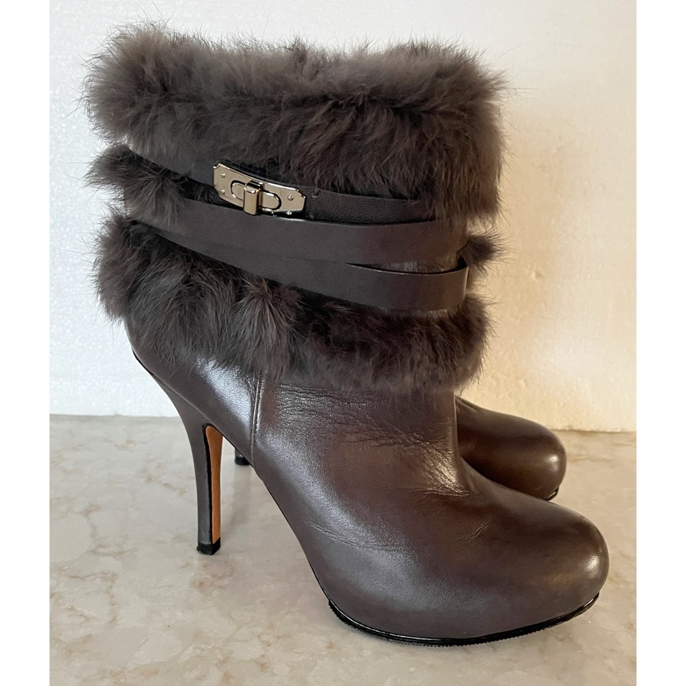 Coach Grey Fur-Lined Leather High Heel Ankle Boots 6.5